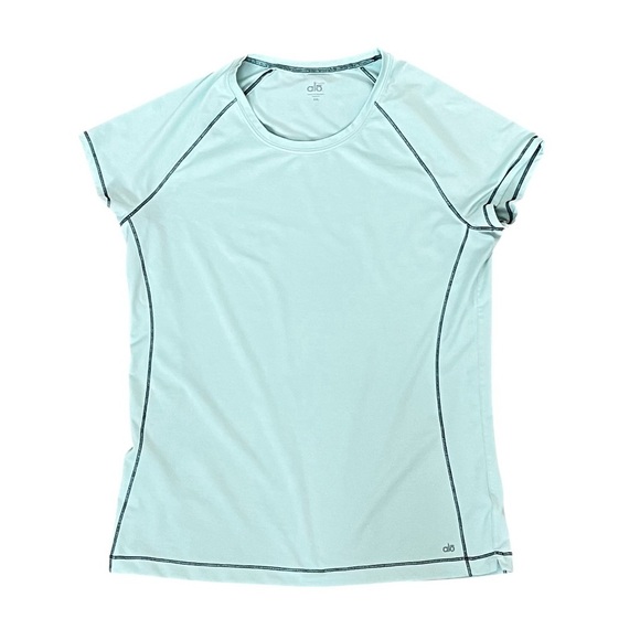 Alo Cool Fit XXL Women’s Light Green Short Sleeve Tee Navy Stitching - Picture 6 of 8